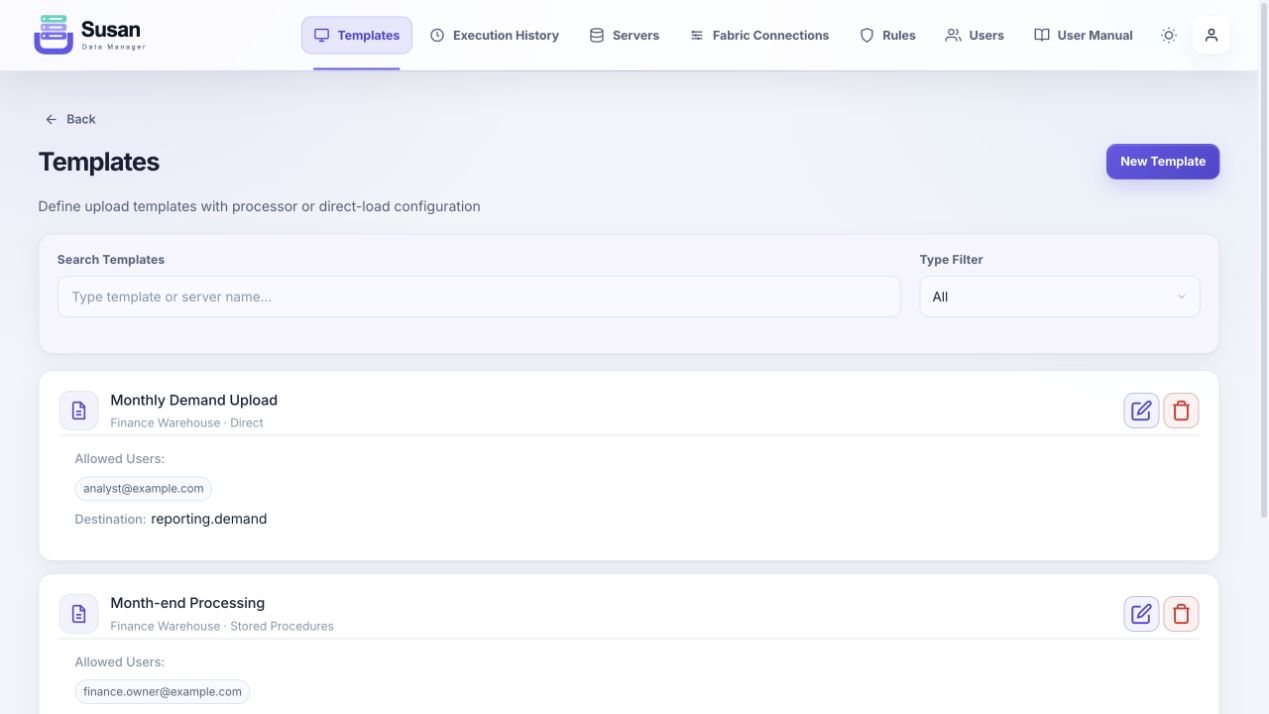 Template administration list with search, type filter, and actions