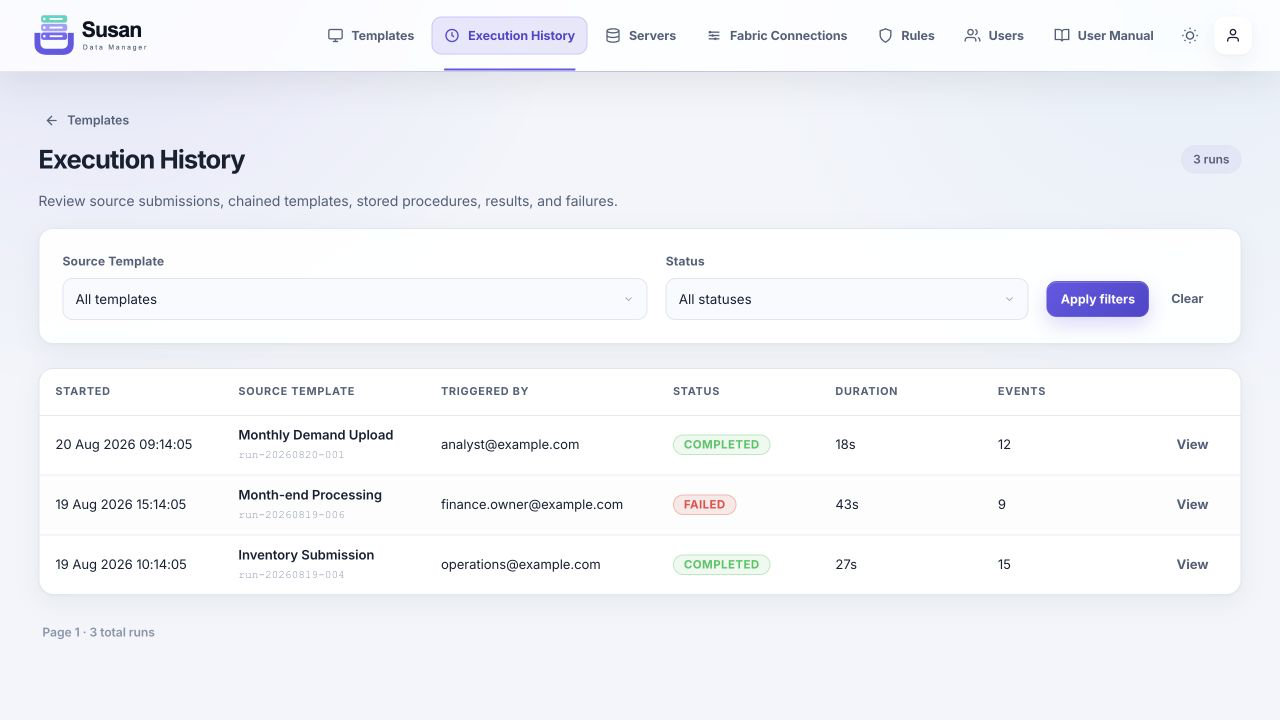 Execution History filters and per-run status table