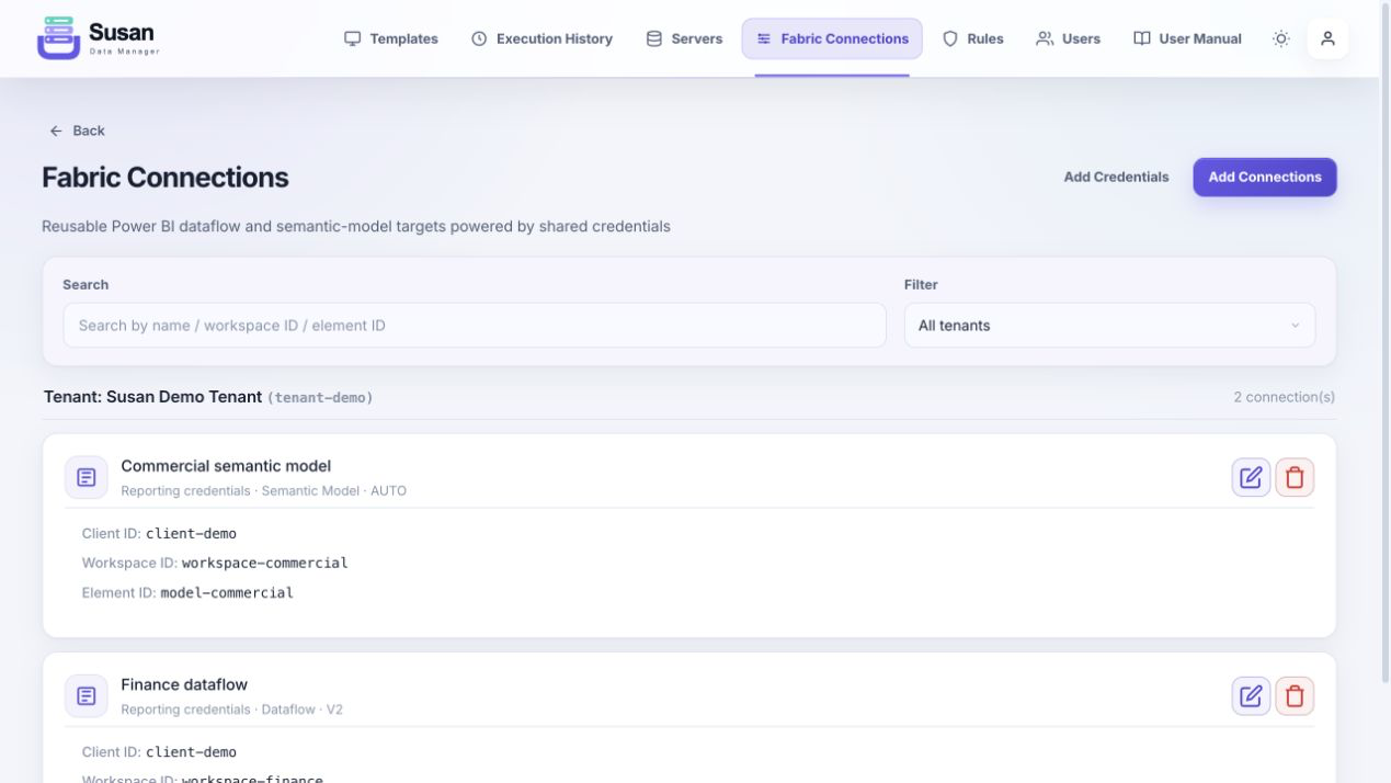 Fabric Connections list with separate credential and connection actions